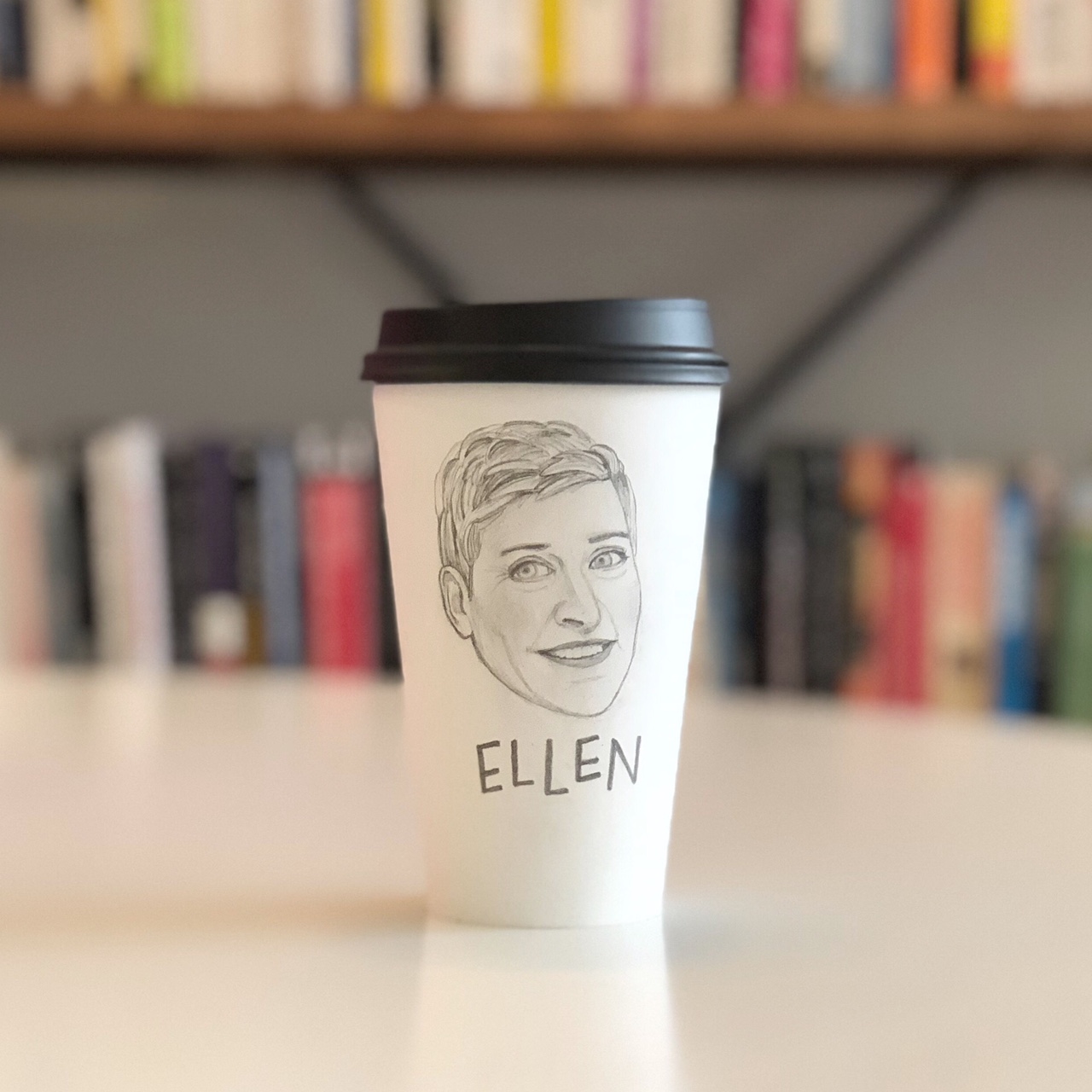 Ellen DeGeneres WIP coffee cup sketch